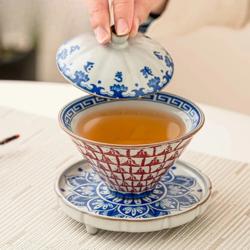 150ml High End Ru Kiln Porcelain Gaiwan Thousand Buddhas Cone Anti Scalding Tea Tureen Tea Maker Cover Bowl Teaware Collection