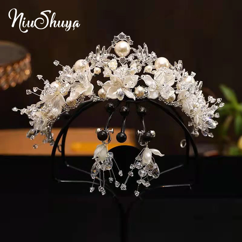 

NiuShuya Gorgeous Handmade Princess Wedding Tiara Crowns with Earring Flower Brides Headbands Evening Hair Jewelry Accessories