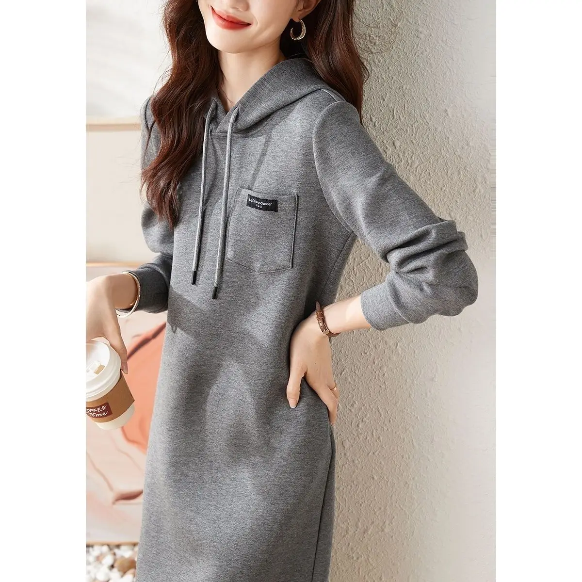 Cotton Autumn New Grey Hooded Dress Simple Fashion Solid Color Casual High-quality Hooded Knee High Long Sleeved A-line Dresses