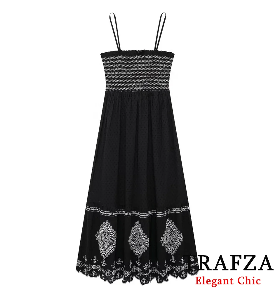 

TRAFZA Romantic Luxury Embroidered Halter Long Dress Women's Spaghetti Strap Dress New 2024 Summer Fashion Dinner Date Dress