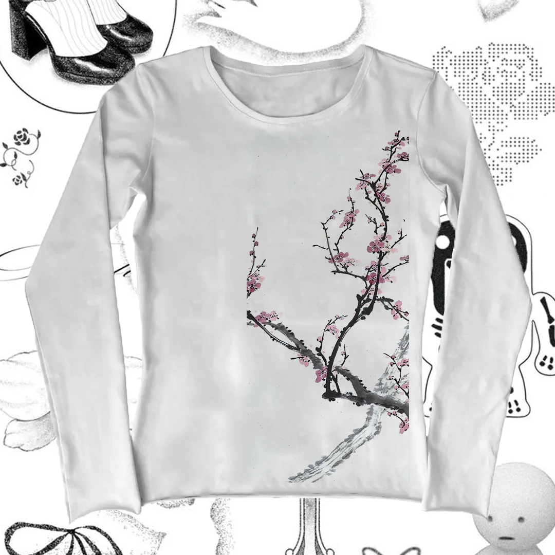 Kawaii Damen-Kleidung, langärmelig, Emo, japanische Y2k-Oberteile, Kpop-Grafik-T-Shirts, Y2k-Kitty, Frühling 2025, Damen-T-Shirts, Goth-Shirt