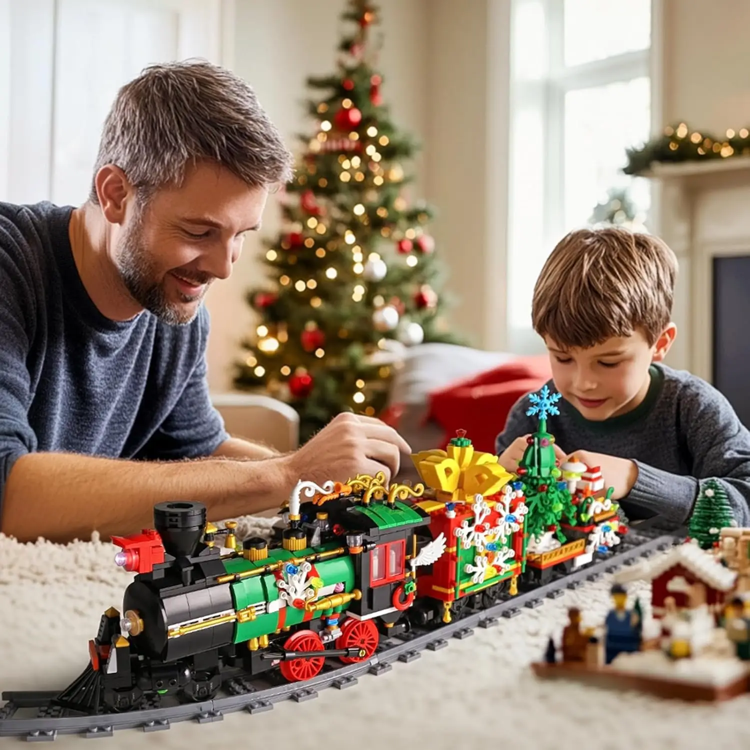MK 1296 Pcs Christmas Train Building Kit with Motor & LED Lights - Collectible Holiday Display Model w/Track for Kids 8+ , Adult