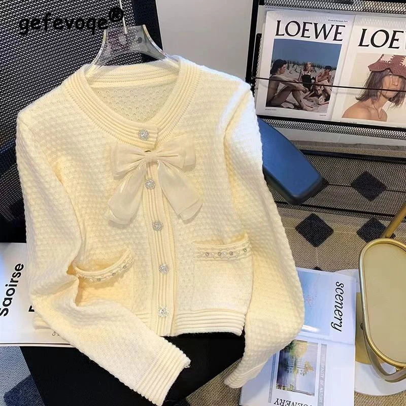 Autumn Winter Women Stylish Luxury Chic Bow Beaded Sweet Single Breasted Cardigan Elegant Solid O Neck Long Sleeve Sweater Coat