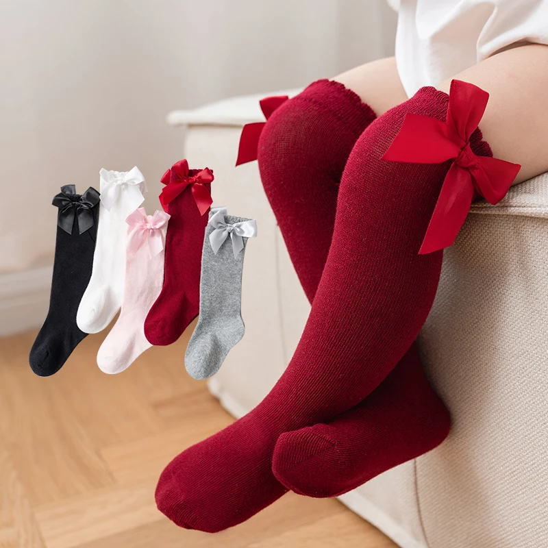 Baby girls\' socks Fall Baby big bow knee-high stockings Soft cute Children\'s Christmas socks Red baby socks 0-5 years old