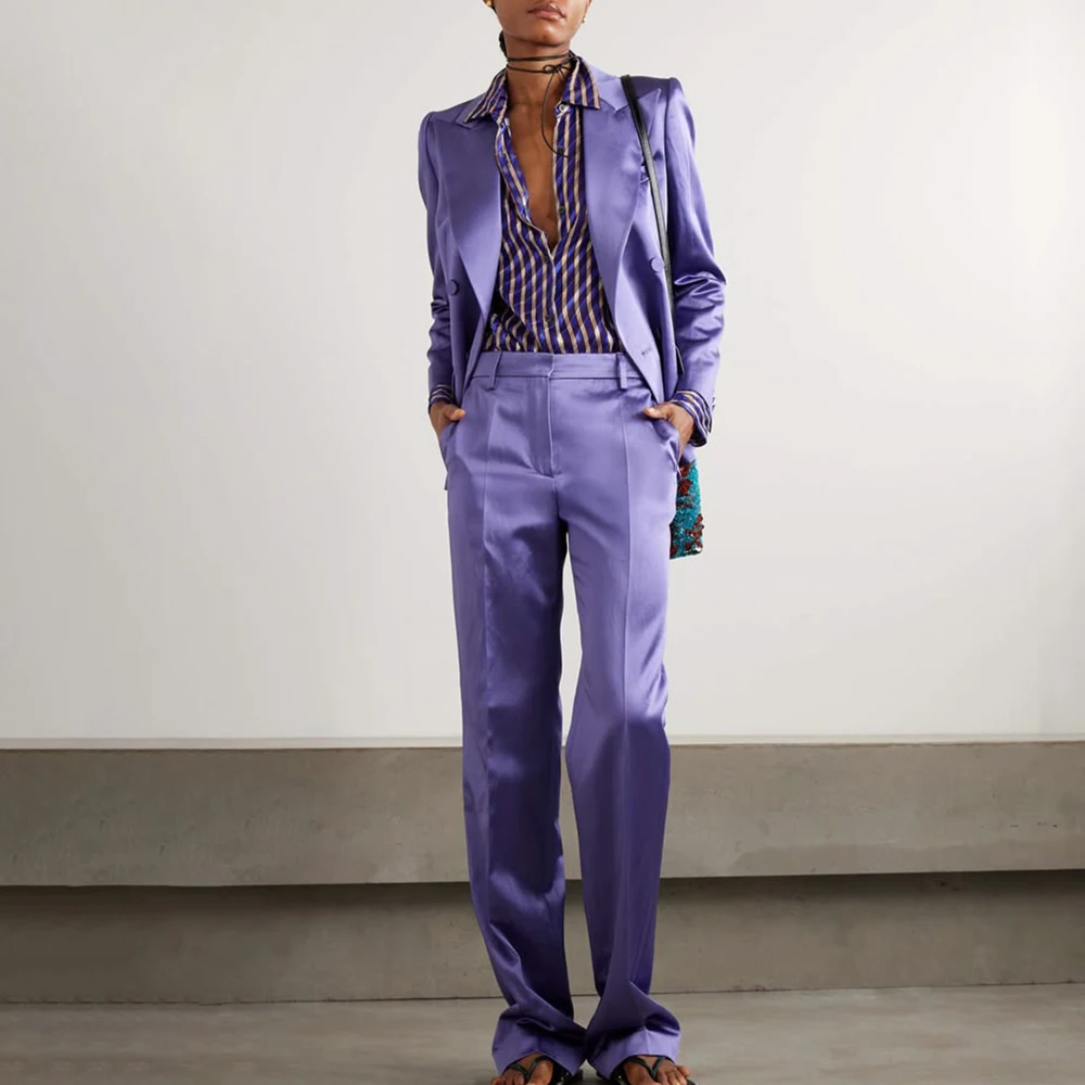 

Elegant Purple Satin 2 Piece Suit for Women Double Breasted Casual Business Matching Sets Formal 2-Piece Jacket Pants