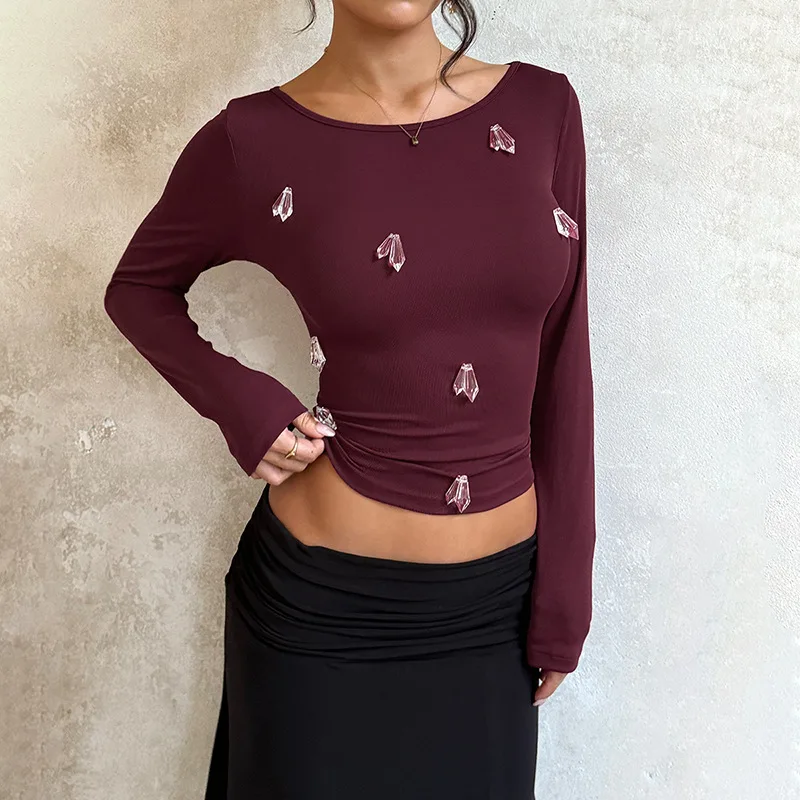 Pure Desire Spicy Girl YL25330 Long Sve Slim Fit Knitted Top with 3D Diamo Autumn New Sle Women's Faion Top