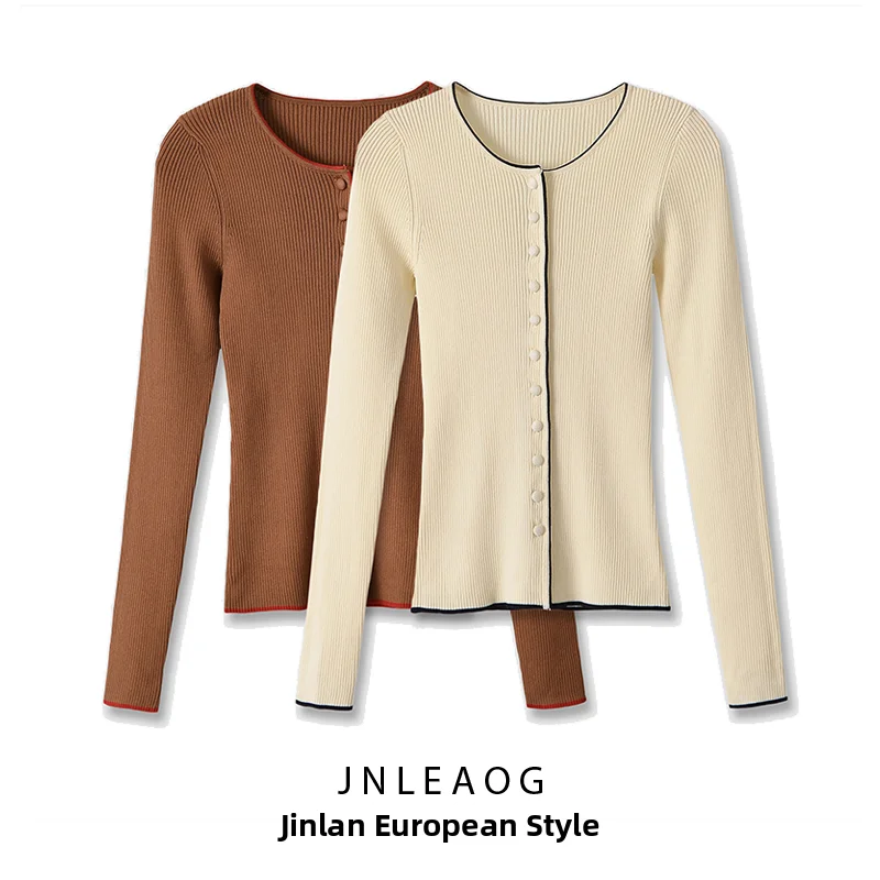 JNLEAOG Autumn New Women's Comfortable round Neck Long Sleeve Casual Outerwear Color Block Trim Knitted Polyester Fiber Coat