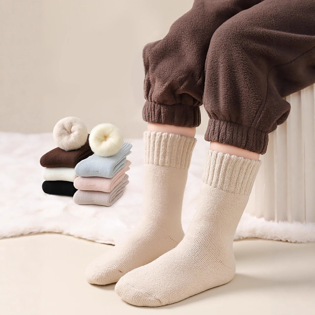 Winter Warm Kids Plush Sock Thicken Terry Children Mid-calf Sock Soild Color Baby Fleece-lined Floor Sock Thermal Footwear 3-12Y