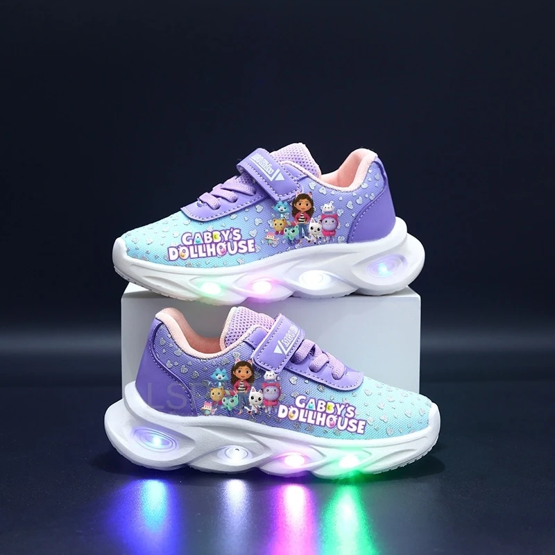 Sapatos casuais infantis da casa da boneca da Gabby, sapatos casuais para meninas com luz led, desenho animado, moda esportiva, sola plana, respirável, roxo, rosa