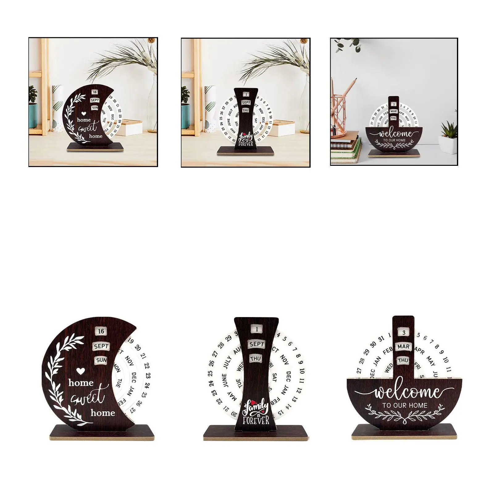 Wooden Disc Perpetual Calendar Vintage Creative Rotatable Artwork Standing Calendar for Office Table Cafe Home New Year Gift