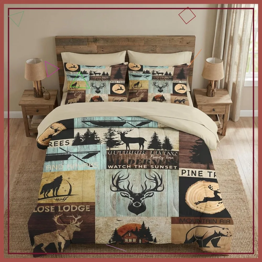 

7 Piece Queen Comforter Set with Bear Wolf Tree Print, Pine Animal Hunting Deer Bedding, Includes Flat & Fitted Sheet
