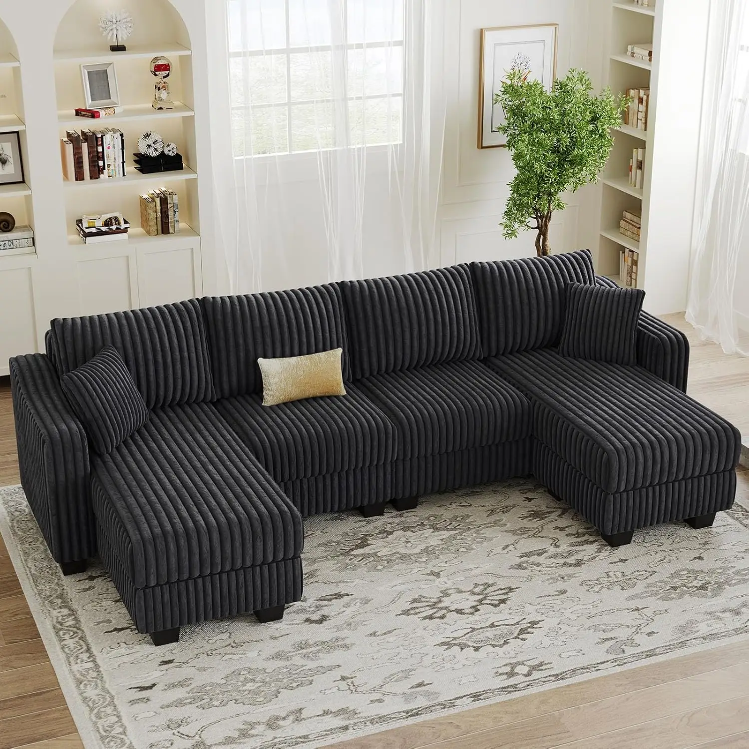 U Shaped Sectional Sofa With Reversible Chaises & Ottomans Corduroy For Living Room Dark Grey, Customized