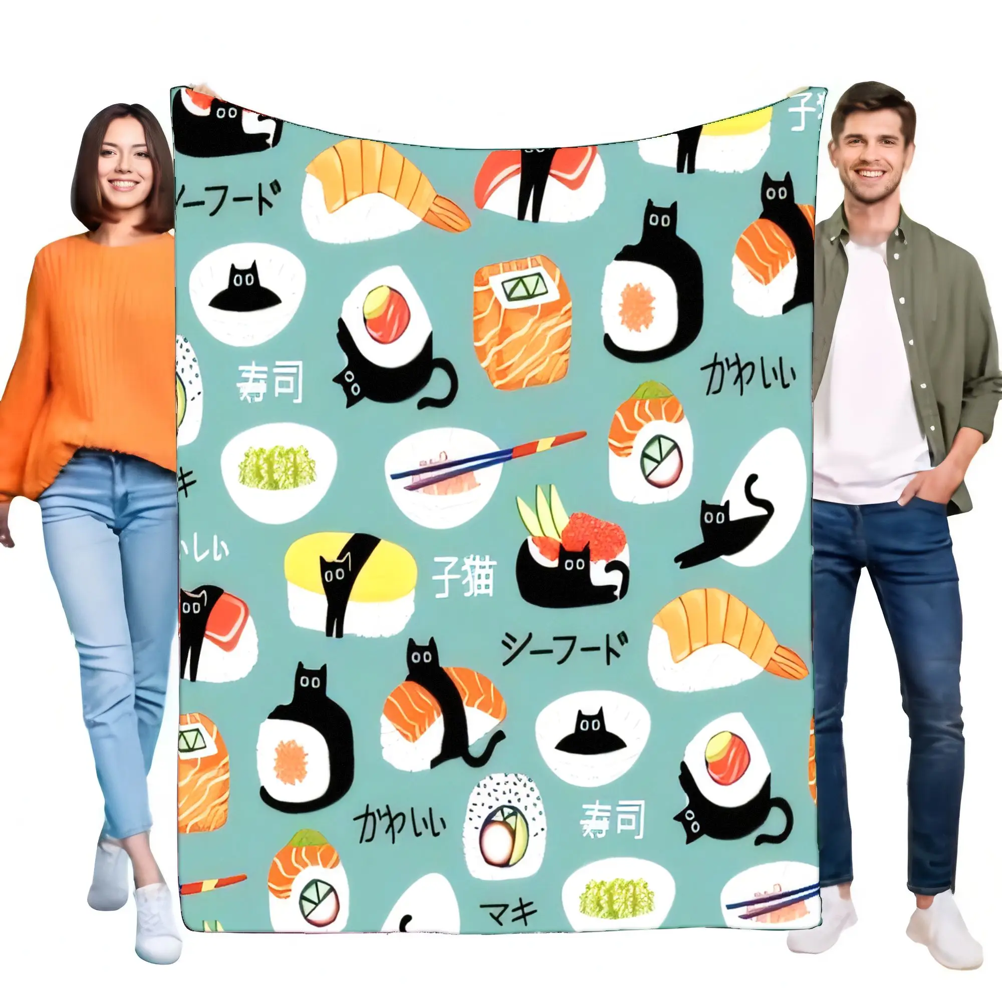Niedliche Sushi-Katzen-Decke, bunt, weich, leicht, mit schwarzen Katzen im Sushi-Thema, perfekt für Sofa, Bett, gemütliche Heimdekoration, Geschenk