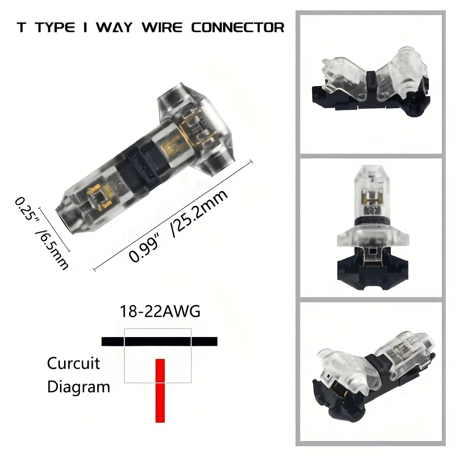 5/10/20 Pieces T1 Quick Connect Wire Connectors - 1 Pin 1 Way, Universal Compact Type, No Need to Strip Wires, Easy to Install image 2