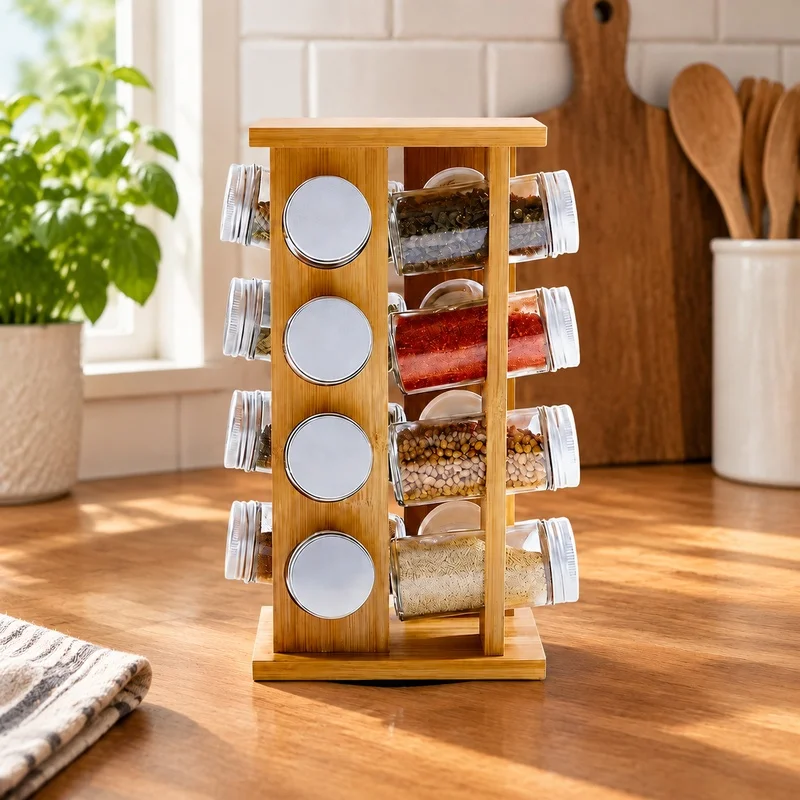 Wooden Rotating Spice Rack with Multiple Levels for Kitchen Seasoning and Condiment Storage