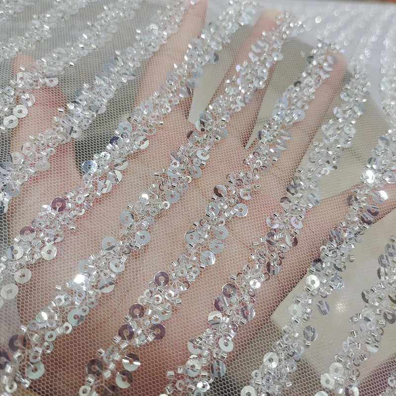 New Summer Heavy Industry Mesh Embroidery Striped Beaded Lace Accessories Wedding Dress Fabric