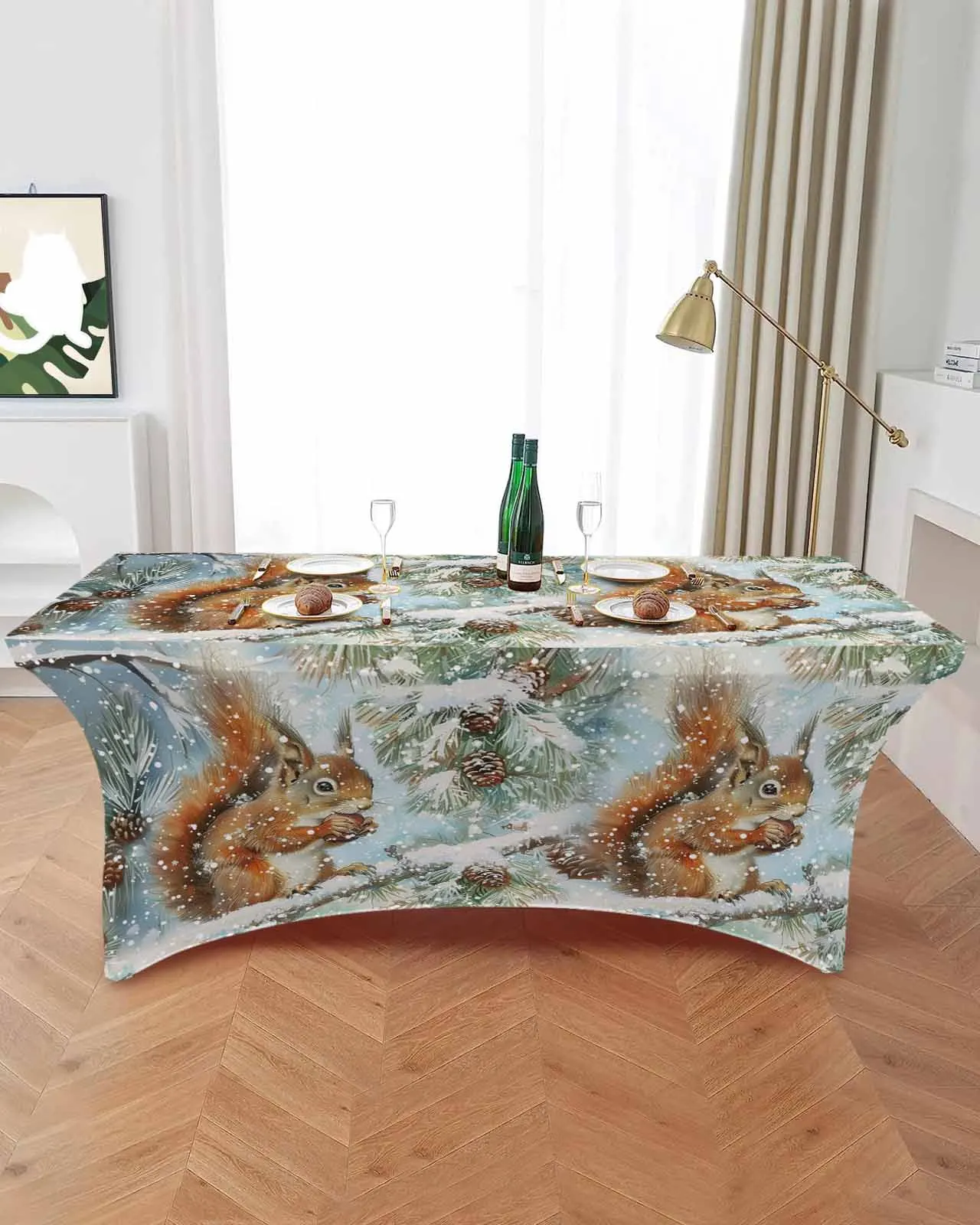 Christmas Winter Squirrel Snowflake Pine Tree High Stretch Tablecloth Wedding Party Decor Table Cover Outdoor Table Cloth