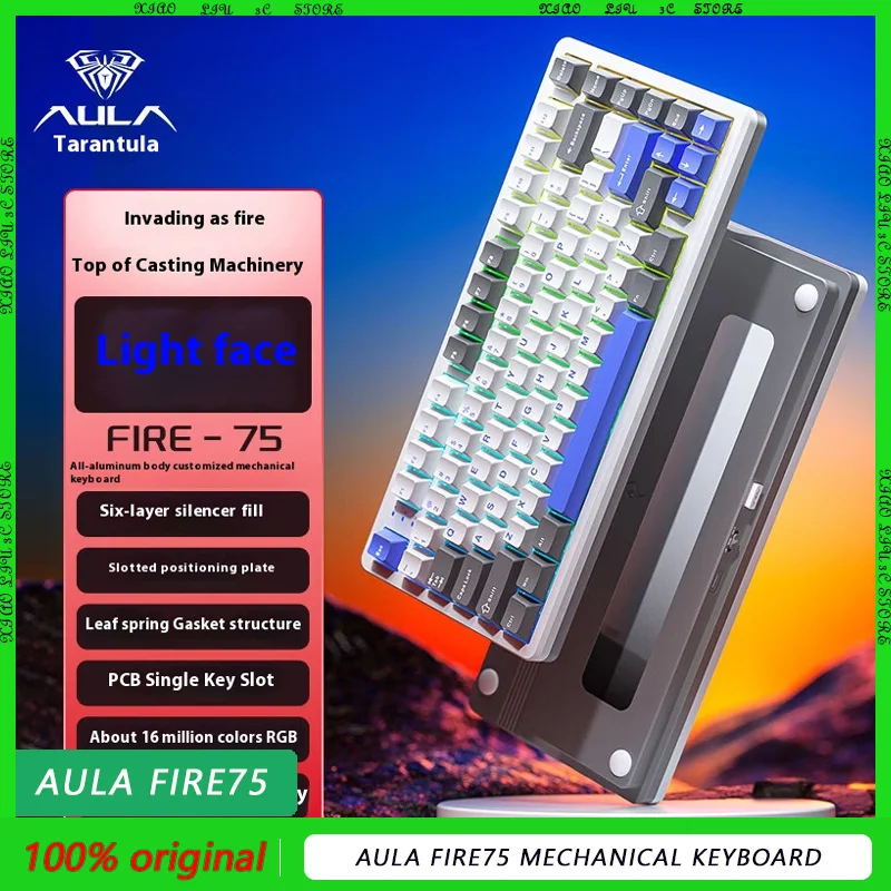 Aula Fire75 Mechanical Keyboard Bluetooth Three Mode Aluminum Alloy Custom Gasket Structure Full Key Hot Plug Knob Game Office K