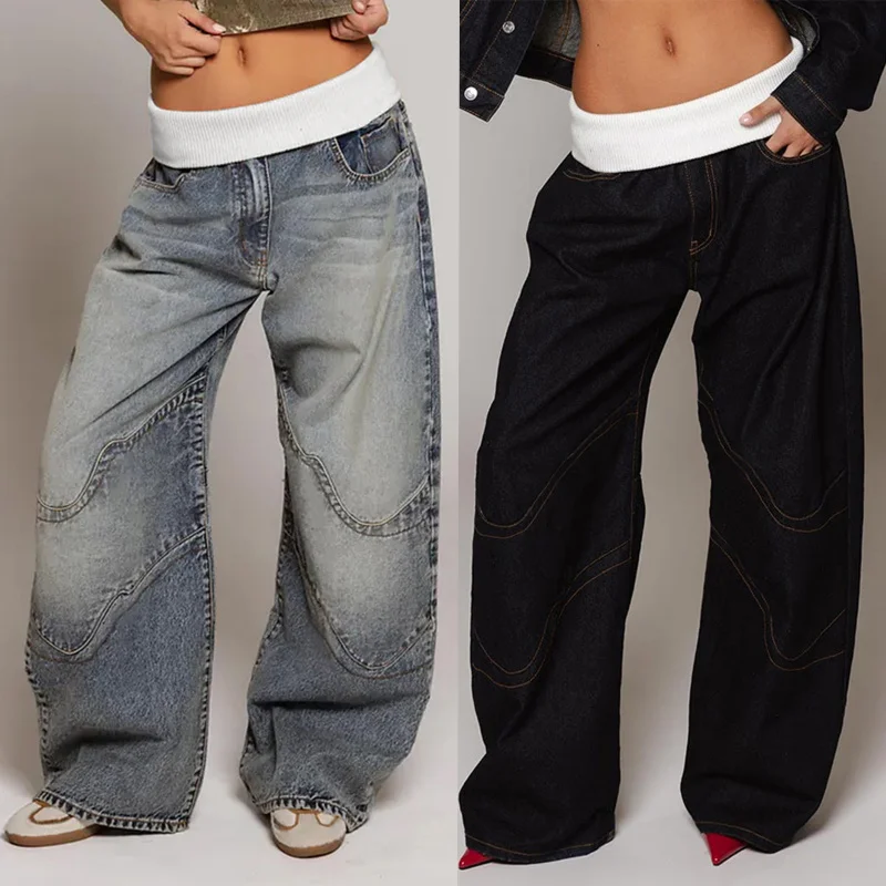 

Cross-border foreign trade new European and American women's fashion distressed denim ripped loose straight-leg pants street ret