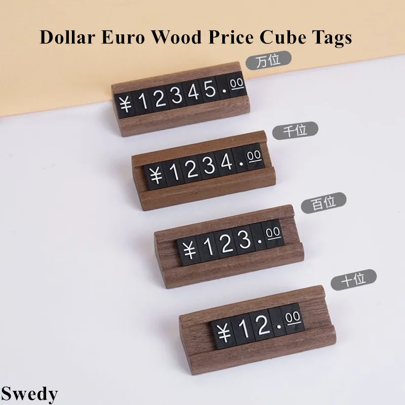 10 Sets Small Wood Price Label Sign Holder Display Stand Dollar Euro Jewelry Watch Adjustable Number Digital Price Cube Tags