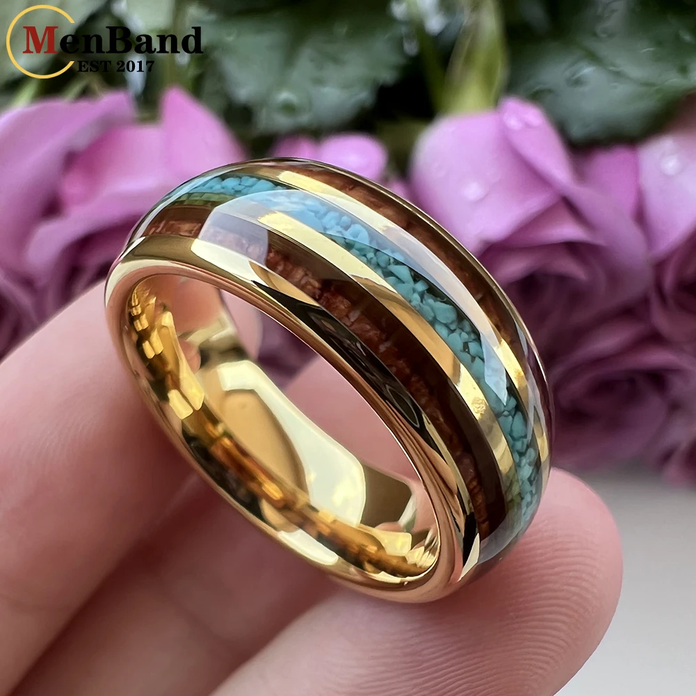 MenBand Fashion 8MM Men Women Black Tungsten Carbide Wedding Ring Crushed Turquoise And Koa Wood Inlay Domed Comfort Fit