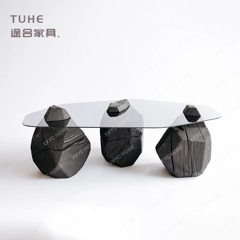 

Special-shaped textured coffee table light luxury model room living room homestay creative tempered glass tea table