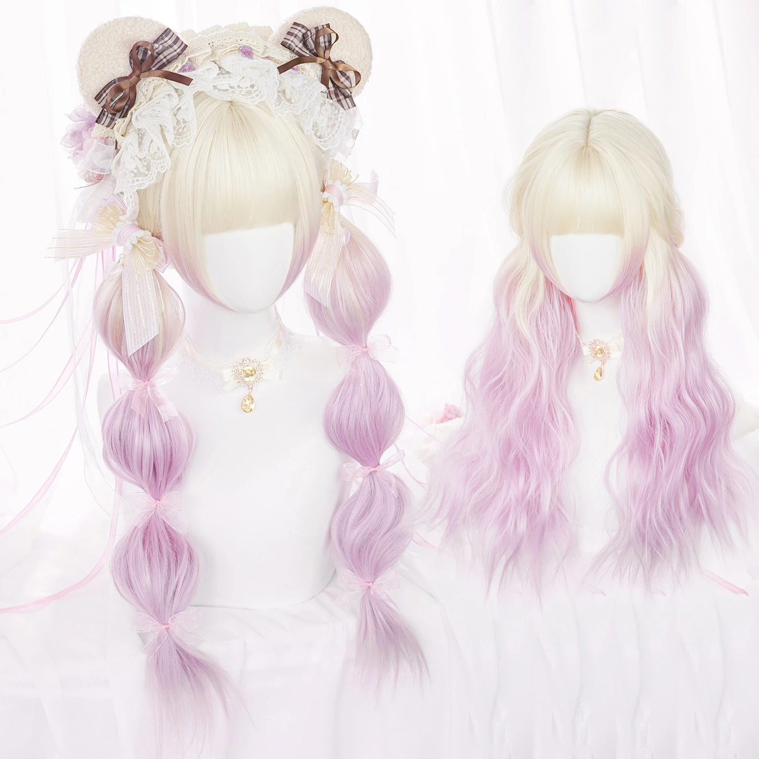 HANEROU Synthetic Cosplay Wigs Ombre Pink And Purple Lolita Wigs for Women With Bang Daily Party Heat Resistant