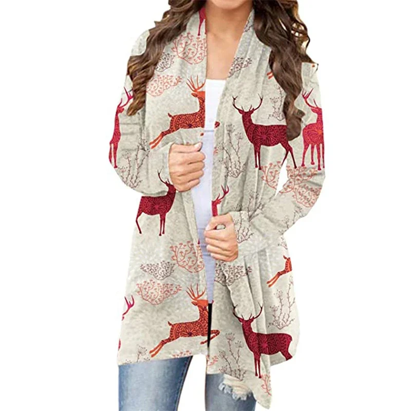 Women\'s Clothing Autumn Winter Fashion Cartoon Print Christmas Outewear Cardigan Jacket Casual Irregular Long Sleeve Tunic Coats