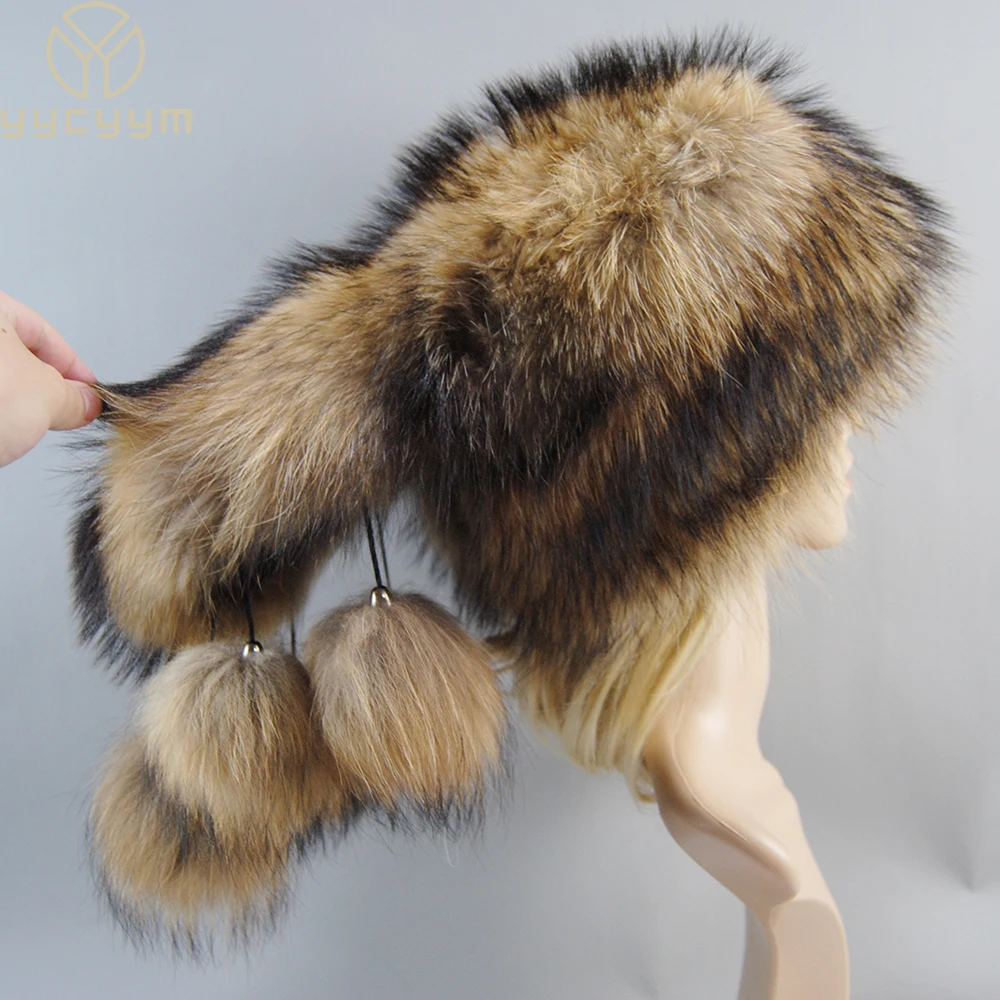 Winter Warm Women Russian Raccoon Royal Fur Caps Fox fur Hat Dome Mongolian Hat Fur Hat Luxury Lady Natural Fox Fur Bomber Hat