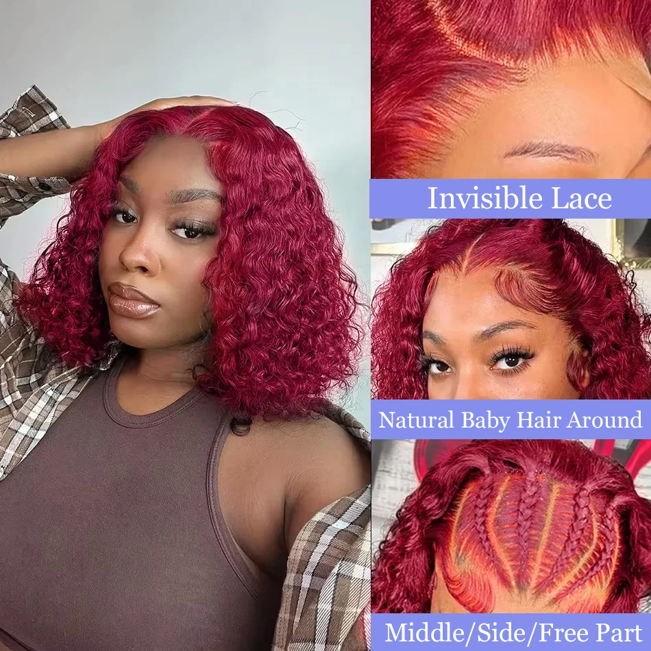 99J Burgundy Short Bob Deep Wave Hair Wigs 13x4 Curly Lace Front Wig Red Colored Transparent Lace Frontal Wigs Brazilian Remy