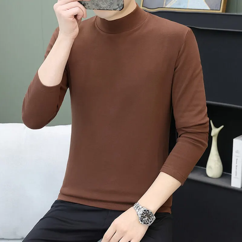 Men's autumn and winter T-shirts, pure cotton thickened half turtleneck long-sleeved T-shirts, casual all-match bottoming shirts