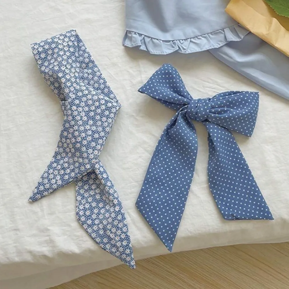 

Fashion Light Blue Series Polka Dot Hair Band Flower Plaid Plaid Pattern Head Band Thin Plaid Neckerchief Hair Accessories
