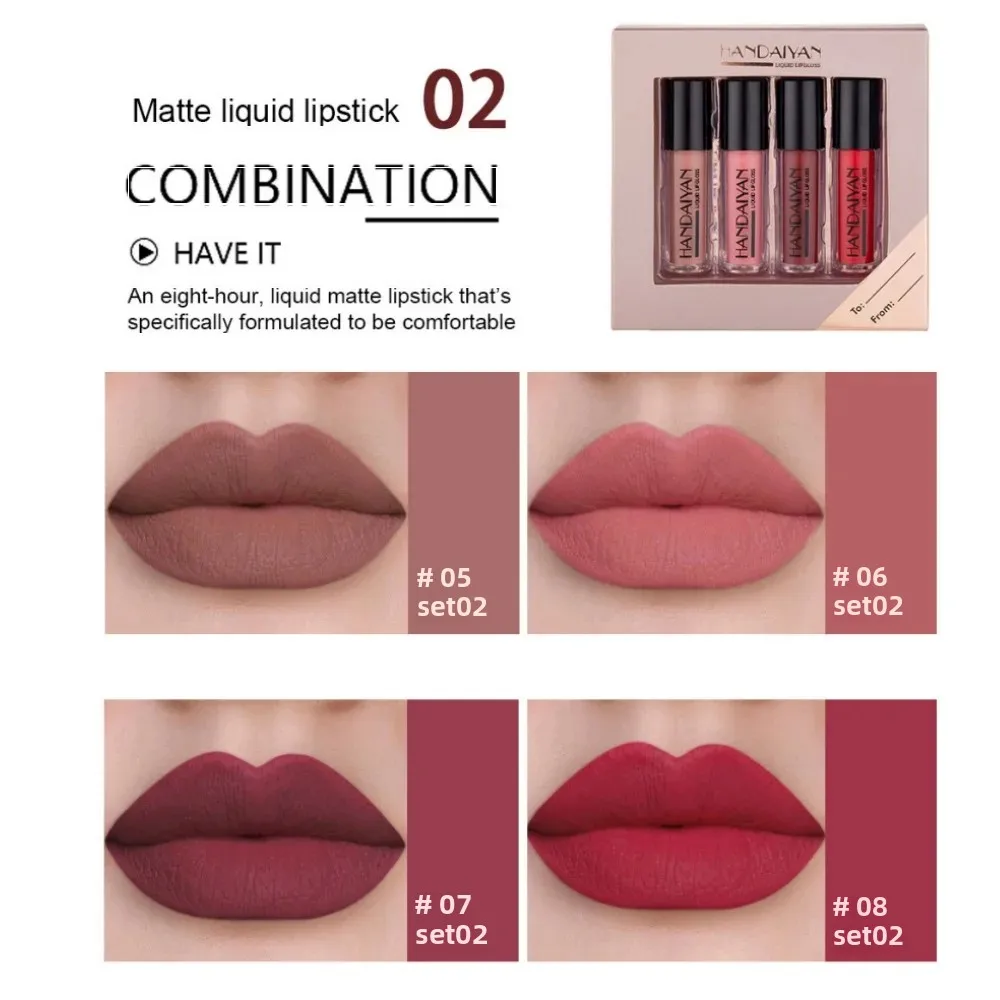 HANDAIYAN 4피스 스틱 립글로스 세트 벨벳 리퀴드 립스틱 세트 방수 매트 글로스 마감 립 색조 부드러운 립 메이크업