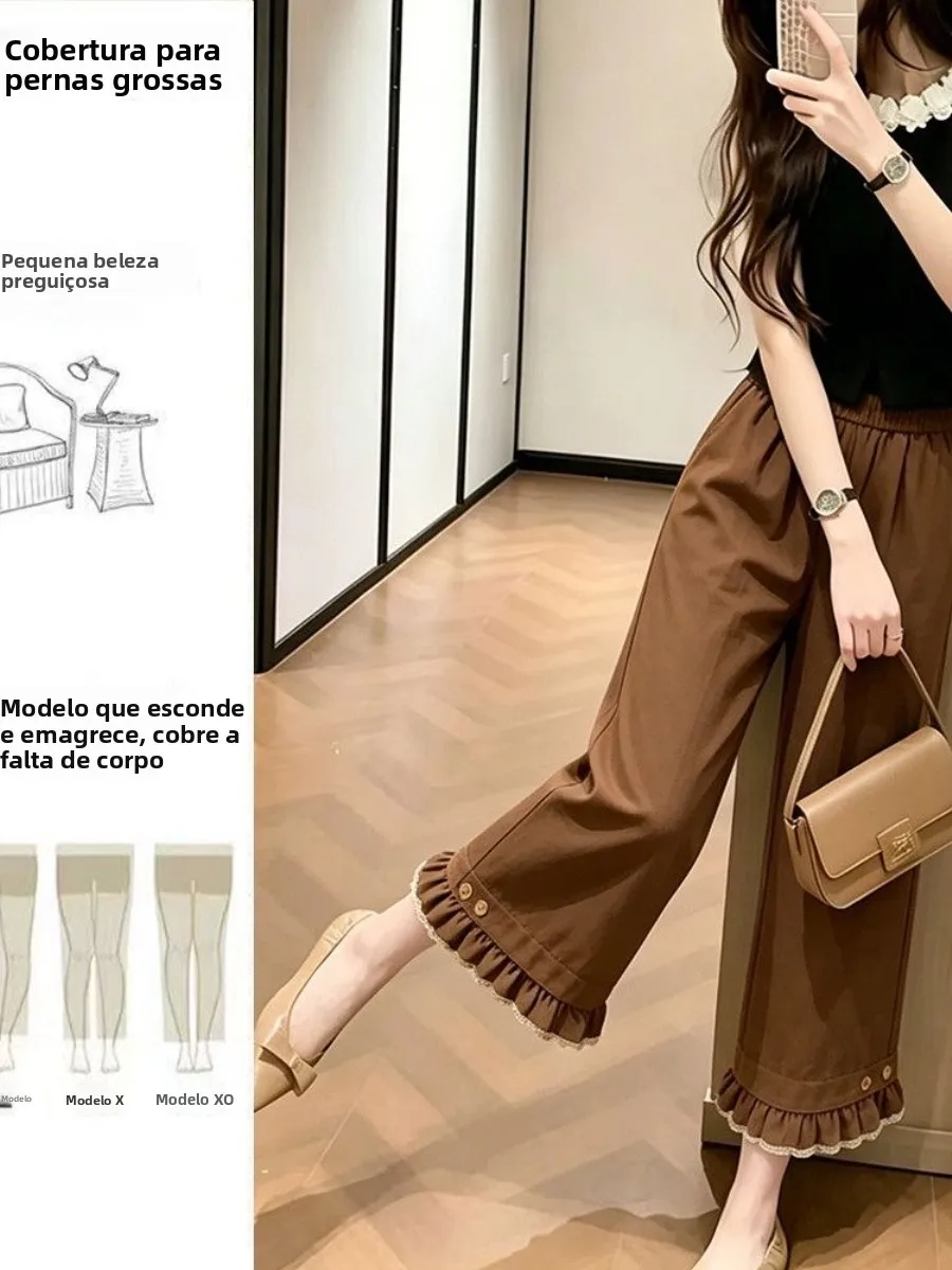 calcas-femininas-de-cintura-alta-modelo-slim-perna-larga-cor-cafe-com-detalhe-de-renda-estilo-social-moda-verao