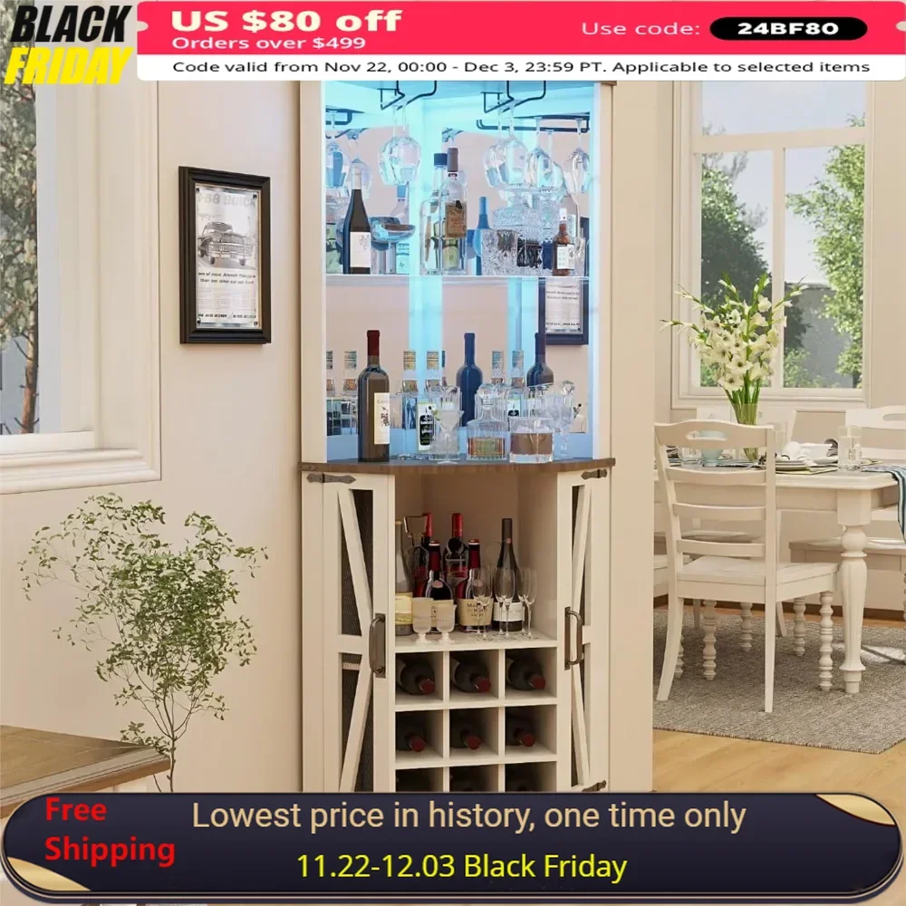 Wine Bar Cabinet with Led Lights and Mirror, Tall Liquor Cabinets Coffee Bar Cabinets, Display Cabinet Corner Wine Rack