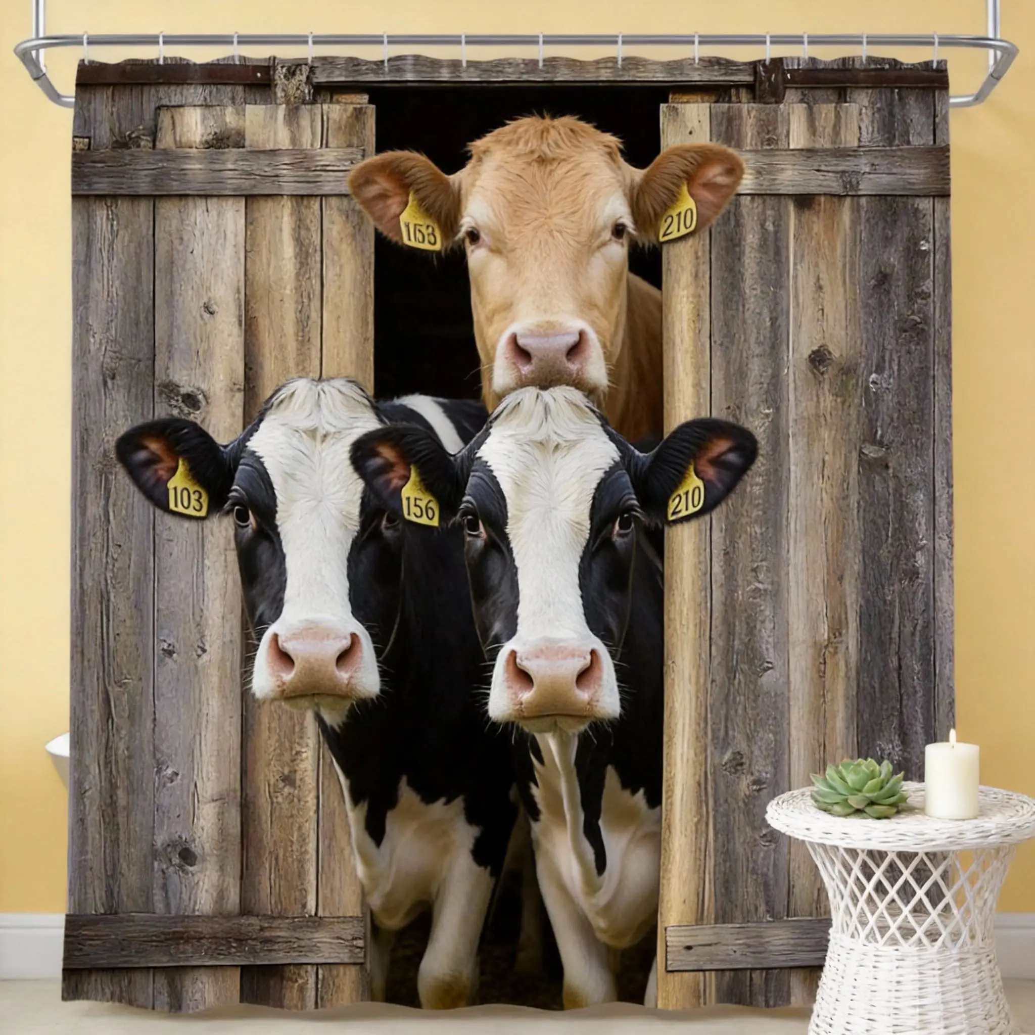 

Cow Shower Curtain 180x180cm – Holstein Cows at Rustic Barn Door, Pastoral Bathroom Decor, 12 Hooks