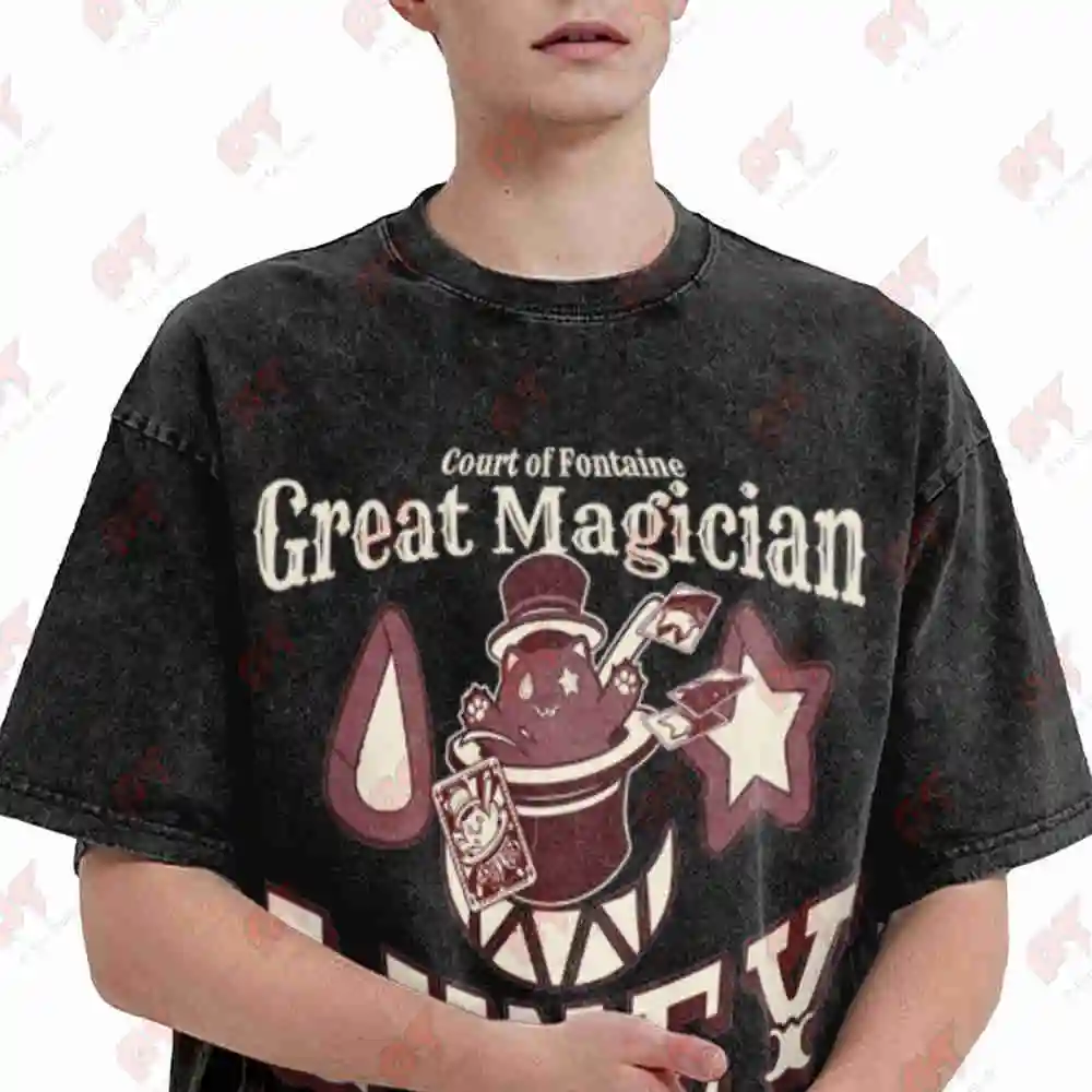 Lyney Great Magician Of Fontaine Grim Malkin Cat Genshin Impact Aesthetic Vintage Washed Tee Pure Cotton T-Shirt