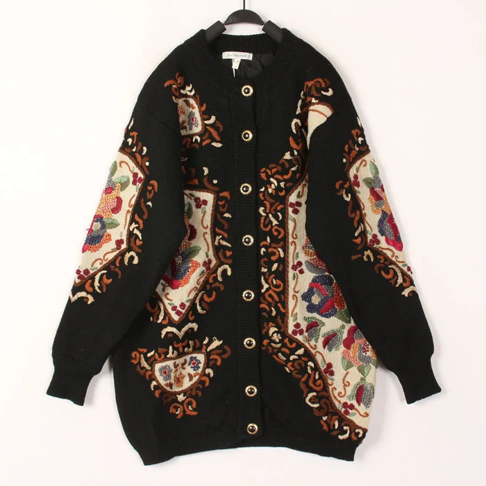 

Sweet Vintage Hooked Flower Woolen Sweater Overhead Coat Harajuku Sle Mid-Length Warmth-Kee Long-Sve Round-Need Au...