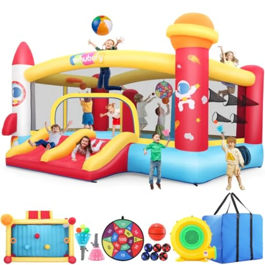 

Inflatable Bounce House Double Slide for 3-6 Big 8-12 Space Rocket Theme Large Bouncy Castle with 3 Obstacle Punching Pillars D