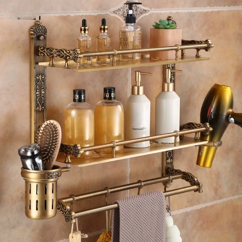 No punching towel rack Antique bathroom toilet Multifunctional double-layer shelf Wall hanging bathroom pendant