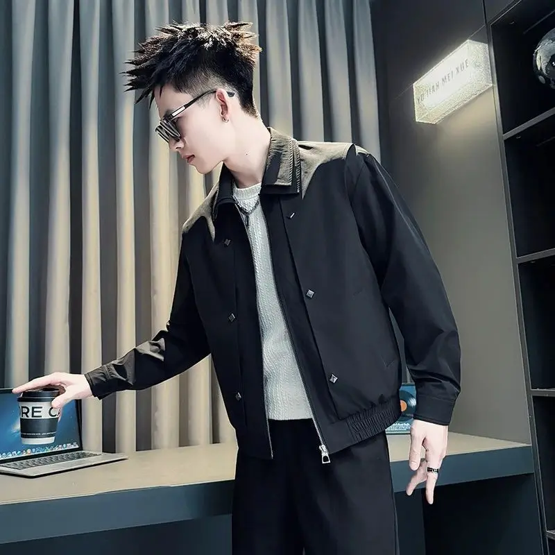 

2025 New Men's Faion Motorcycle Jaet Stand Fit Long Sve Polyester Spring Autumn Stand Collar Design Casual Outerwear