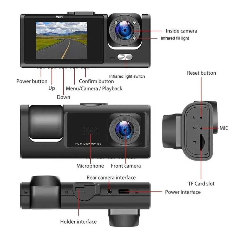 HD 1080P+WIFI Loop Video Car Camera 3 Lens Car Recorder Wireless Wifi Mobile Connected Car DVR Car Spare Parts Accessories