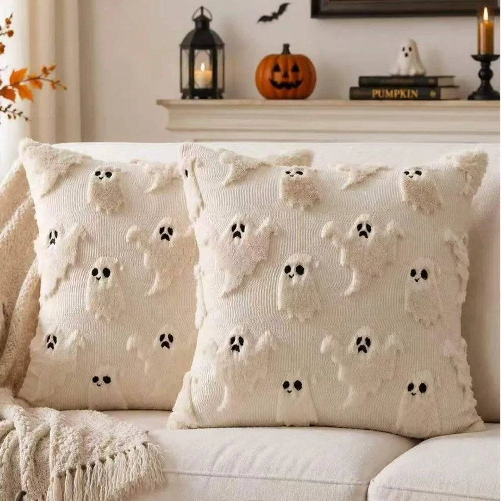Halloween Throw Pillow Cover Square Ghost Black Bat Stuffed Pillow Case Washable 45X45CM Decorative Pillowcase Holiday Decor