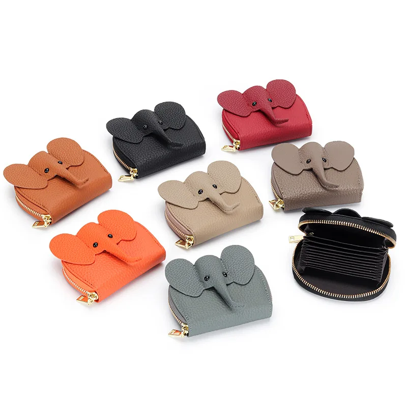 Business Card Holder Female Cow Leather Credit Card Wallet Elephant Pattern Zipper Change Small Bag Women Bank Credit Card Case