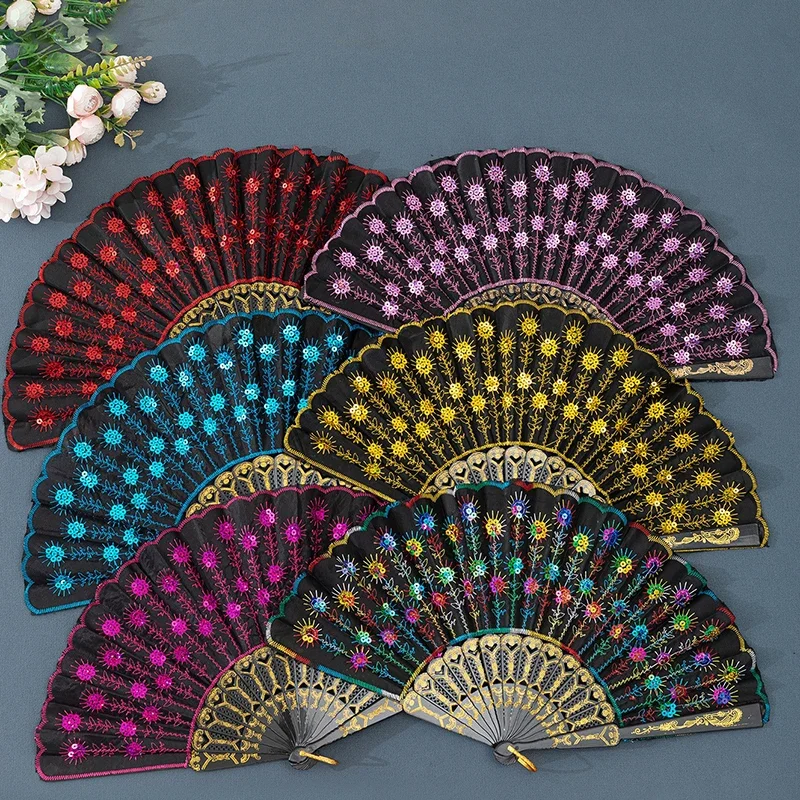 Black Plastic Folding Fan Embroidery Floral Sequins Fan Solid Hollow Lace Women Hand Held Fan Wedding Festival Gift