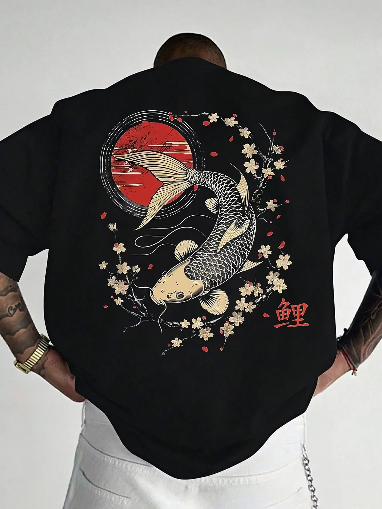 Japanese Koi Fish Men's T-shirt Cherry Blossom Graphic Oversized Cotton Short Sleeve Tops Summer Streetwear