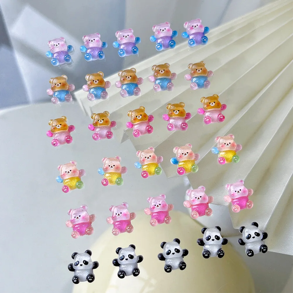 10 pcs Bear Ice-through Nail Art Charms Dopamine Rhinestones Colorful Cuddle Bear Nail Decoration 3D Panda Manicure Accessories