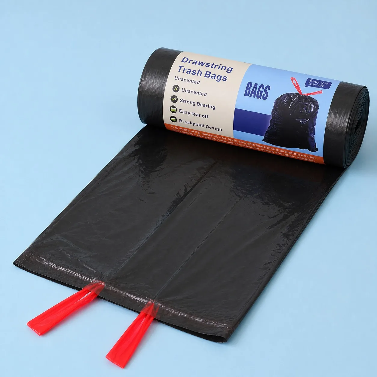 Drawstring Trash Bags Black 13 Gallon 20 Count Heavy Duty Tall Kitchen Garbage Can Liners Tie Handles Household Waste Roll Pack