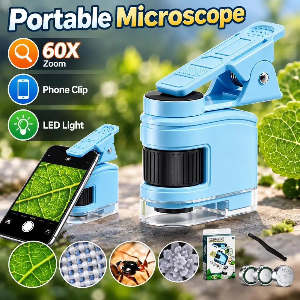 Portable Mini Microscope 60-120X Zoom With LED UV Light Phone Clip Pocket Handheld Microscope Educational Science Toy