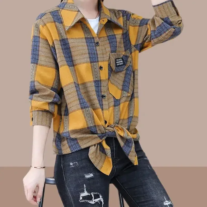 Spring Autumn New Loose Slimming Mid Length Checkered Shirt for Women\'s Western Style Age Reducing Coat Commuting Versatile Top